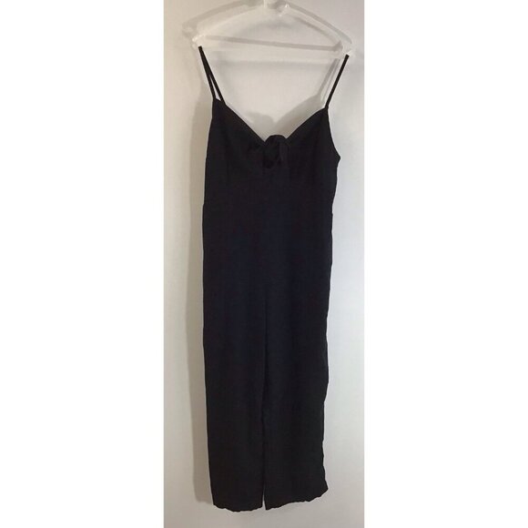 OLD NAVY Jumpsuit L Tie Shoulder Cropped Smocked Sleeveless Linen Blend Black 🩶 - Picture 4 of 6